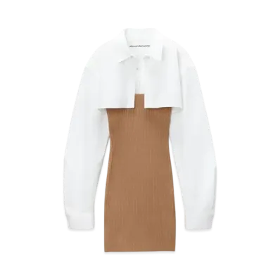Alexander Wang Pre-Styled Cropped Cami & Button Up Twinset Dress "Camel/White"