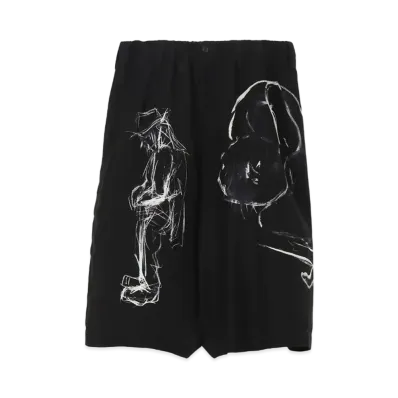 Yohji Yamamoto Pour Homme YUUKA ASAKURA SILK SATIN SKETCH & INK PAINTING PRINT SHORT PANTS "Black"