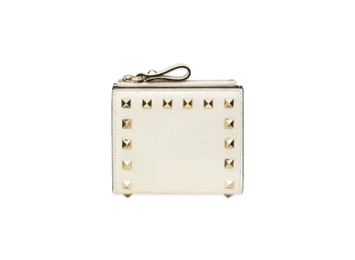 Valentino Rock Studs Grain Calfskin Small Wallet "Light Ivory"