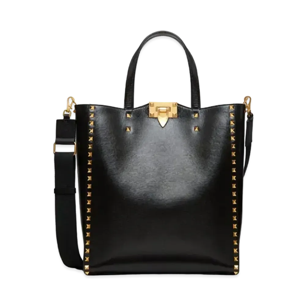Valentino Rock Studs Alcove Grain Calfskin Tote "Black"