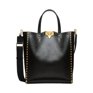 Valentino Rock Studs Alcove Grain Calfskin Tote "Black"