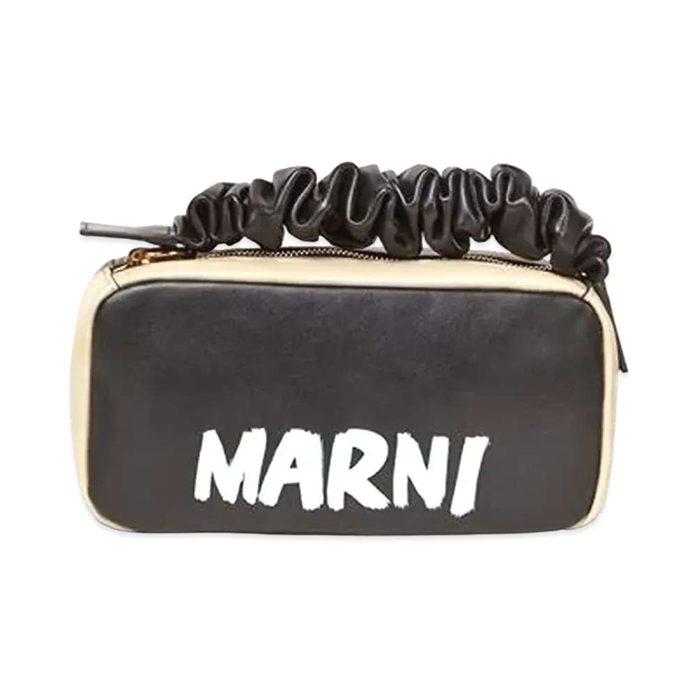 Marni Black and Beige Smooth Calfskin Clutch with Gathered Handle "Black/Beige"