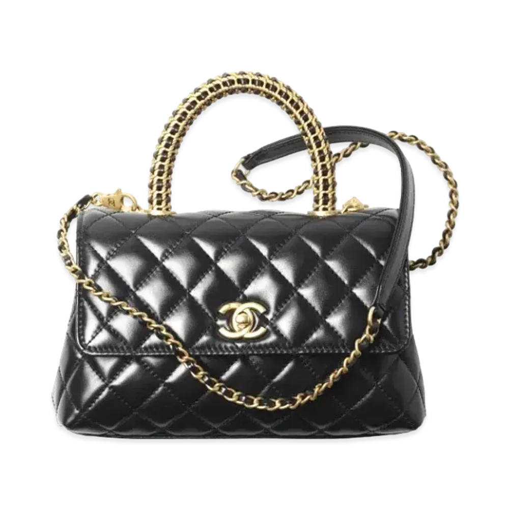 CHANEL Top Handle Flap Bag Calfskin "Black"