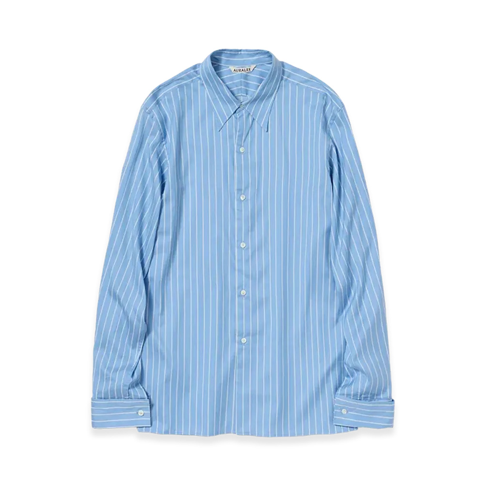 AURALEE Women's Cotton Silk Stripe Double-Cuff Shirt "Sax Blue Stripe"