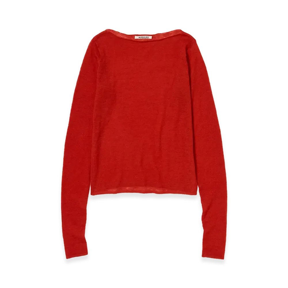 AURALEE Women's Sheer Cashmere Knit Boat Neck P/O "Red Orange"