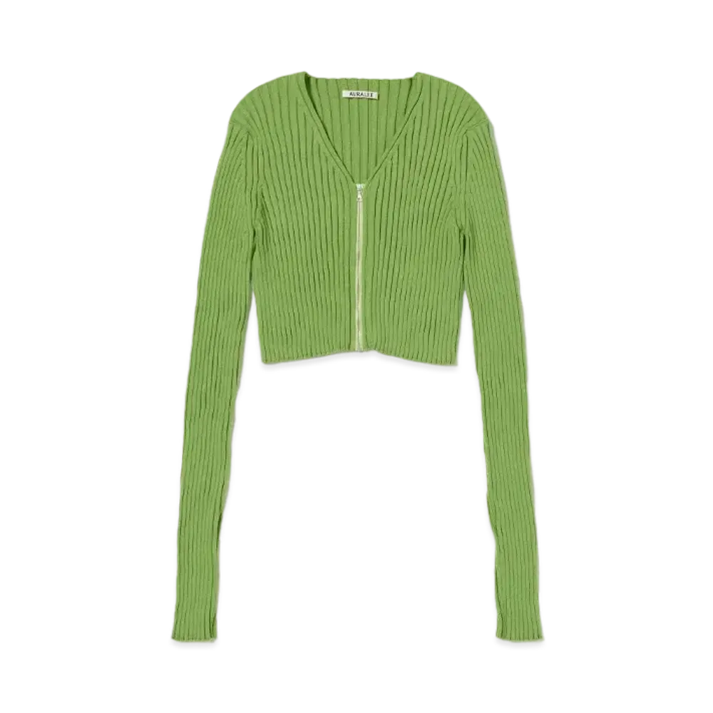 AURALEE Dry Cotton Wide Rib Knit Zip Cardigan "Sage Green"