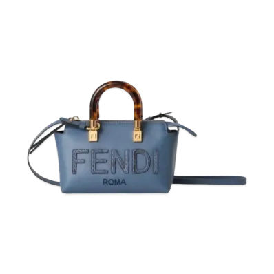 FENDI By The Way Mini Small Leather and Elaphe Boston Bag "Blue"