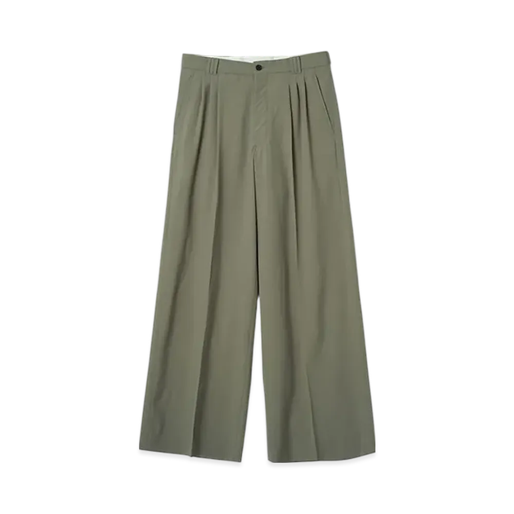 YOKE Super120'S Fine Wool Washer Tropical 3Pleated Wide-Leg Trousers "Graysh Khaki"
