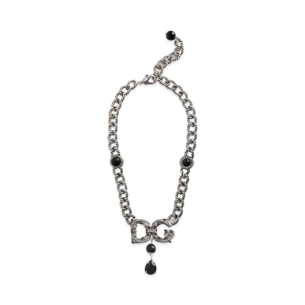 Dolce&Gabbana Chain Necklace DG Logo & Rhinestone Pendant "Silver"