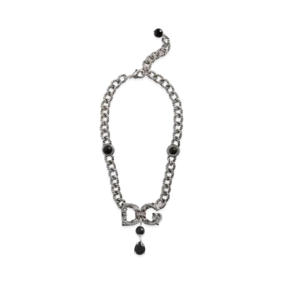 Dolce&Gabbana Chain Necklace DG Logo & Rhinestone Pendant "Silver"