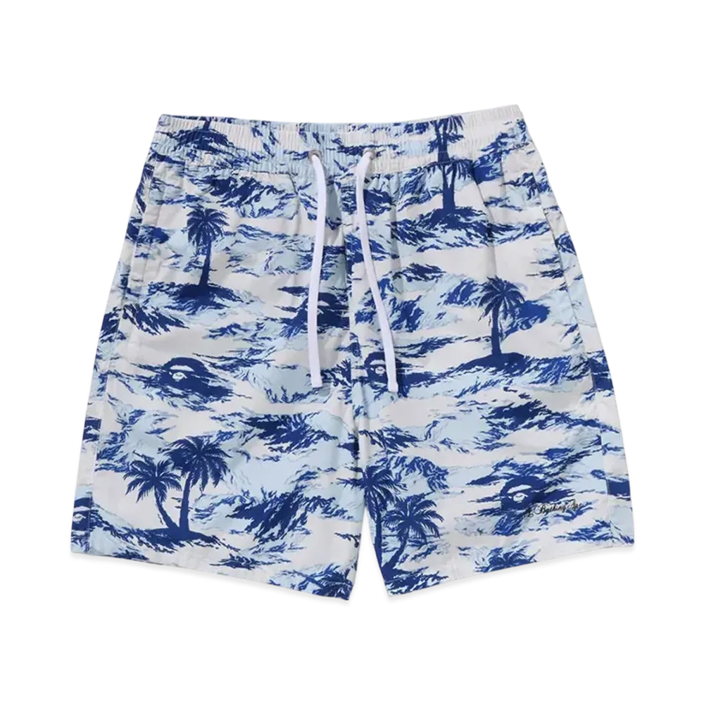A BATHING APE Palm Tree Camo Relaxed Fit Beach Shorts "Blue"