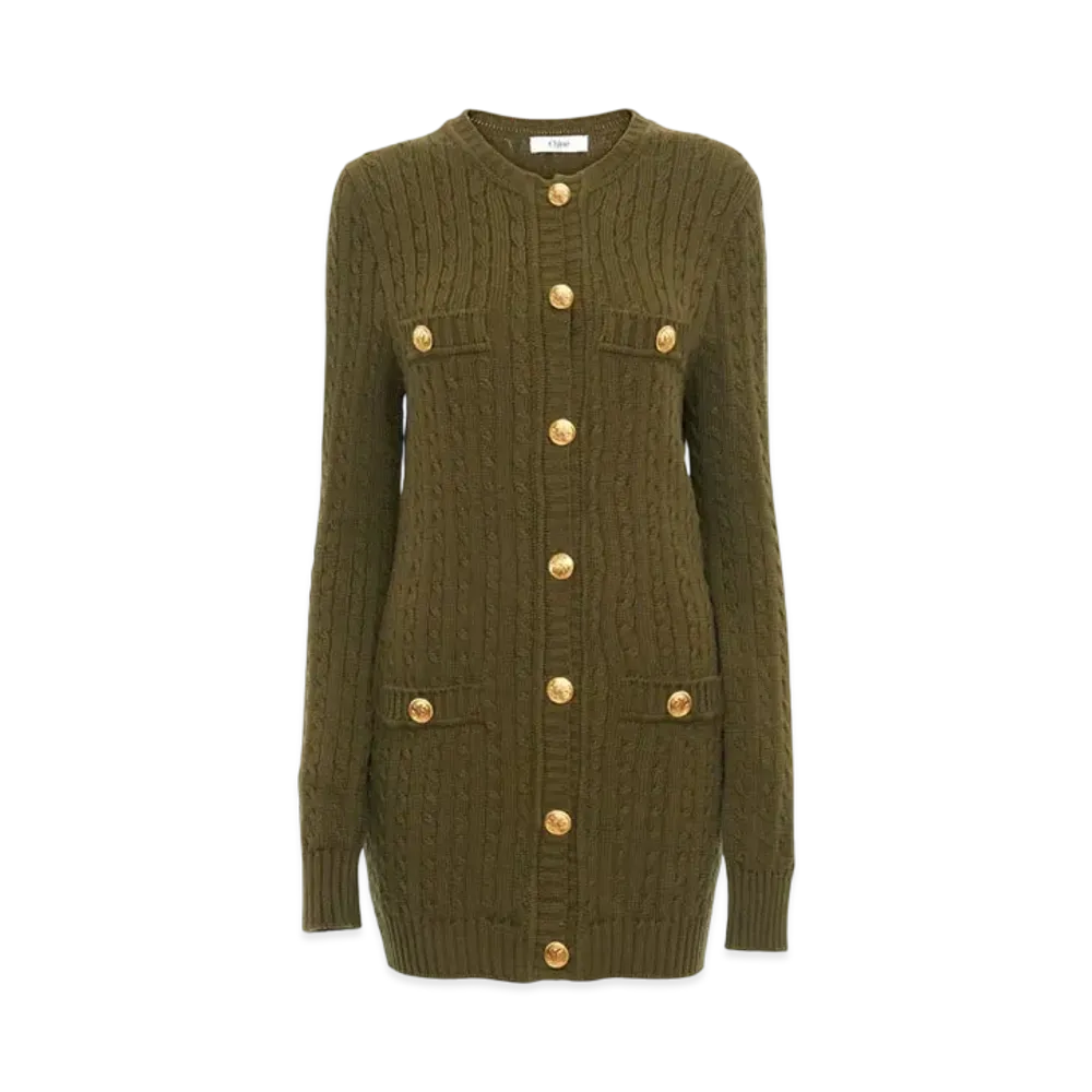 Chloe Utilitarian Cable-Knit Cardigan In Cotton "Olive Tree"
