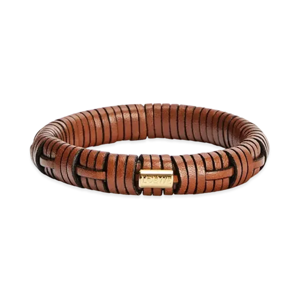 LOEWE Woven Bangle In Brass and Classic Calfskin "Tan"