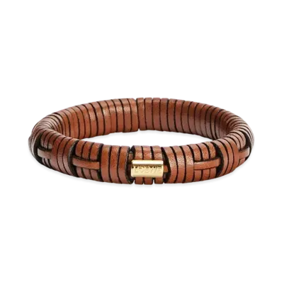 LOEWE Woven Bangle In Brass and Classic Calfskin "Tan"