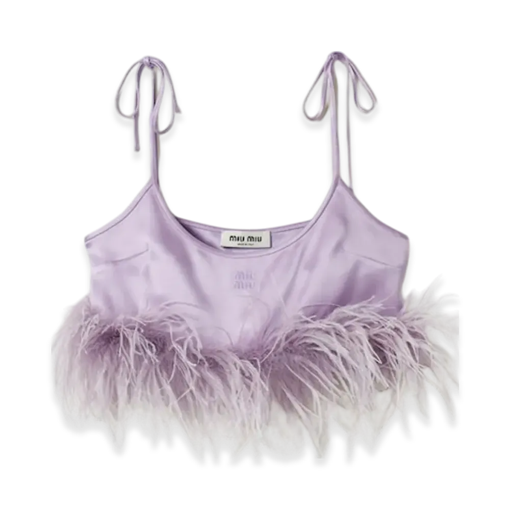 MIU MIU Women's Feather Trimmed Satin Top "Lilac"
