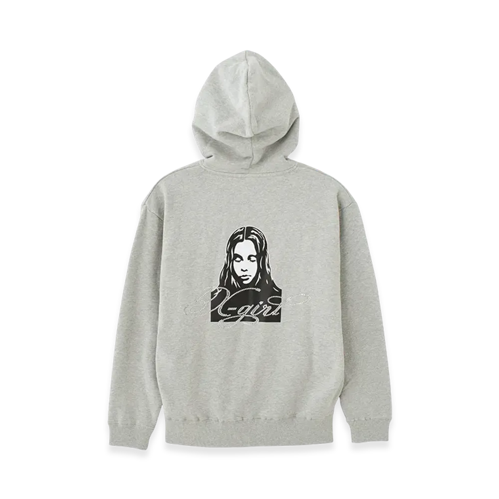 X-Girl Rhinestone Logo And Face Zip Up Sweat Hoodie "Grey"