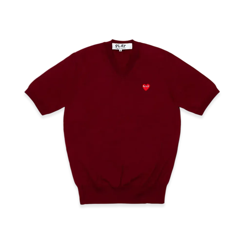 PLAY COMME des GARCONS V-Neck Short Sleeve Sweater With Red Medium Emblem "Burgundy"