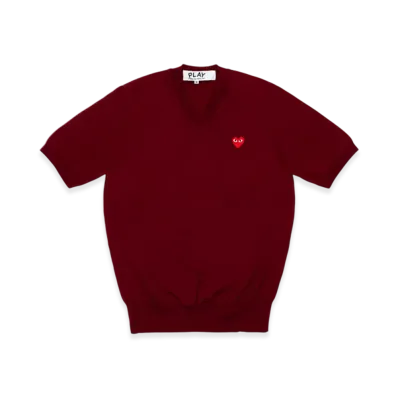 PLAY COMME des GARCONS V-Neck Short Sleeve Sweater With Red Medium Emblem "Burgundy"