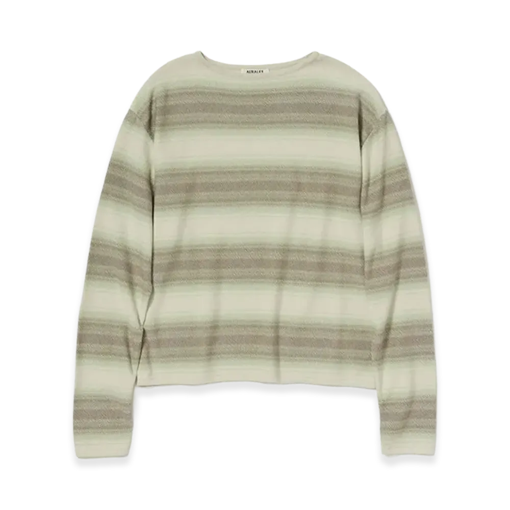 AURALEE Cotton Silk Gradient Stripe Knit Boat Neck P/O "Lime Gray Stripe"