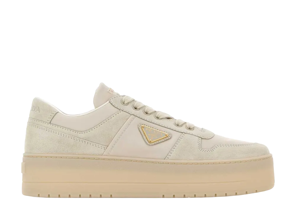 PRADA Women's Sand Fabric And Suede Downtown Bold Sneakers "White"