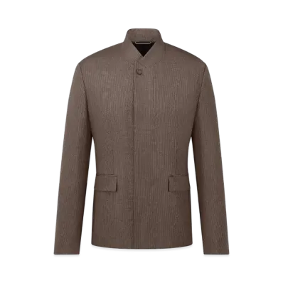 Dior Men's Jacket with Buttoned Collar Striped Silk-Blend Seersucker "Brown"