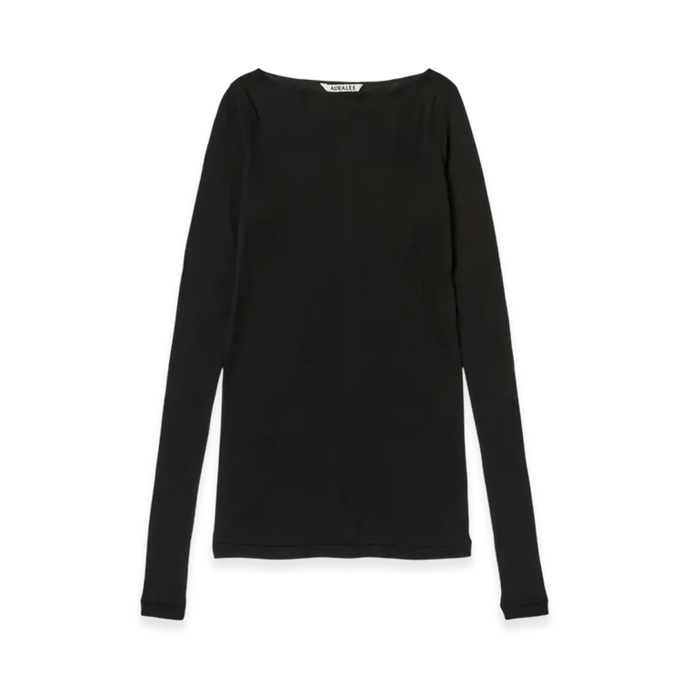 AURALEE Women's Super High Gauge Sheer Rib Boat Neck L/S Tee "Black"