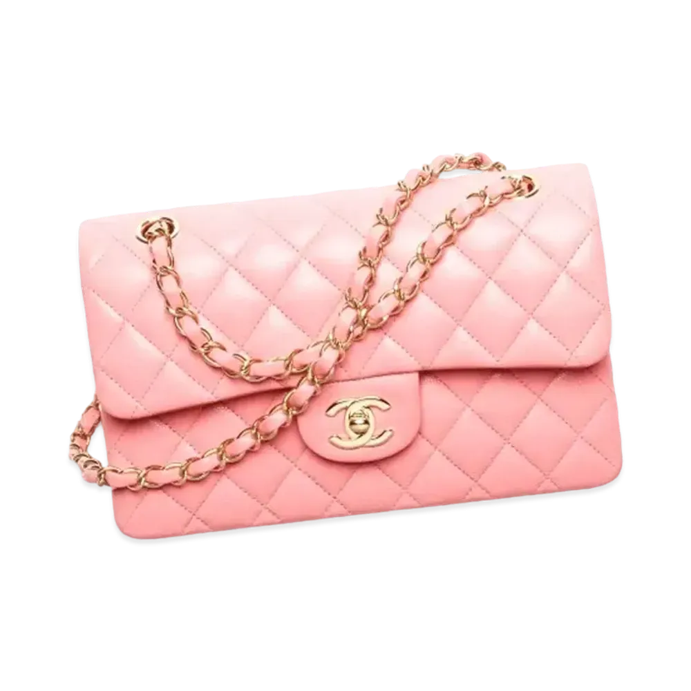 CHANEL Small Classic Handbag Grained Shiny Calfskin & Gold-Tone Metal "Coral Pink"