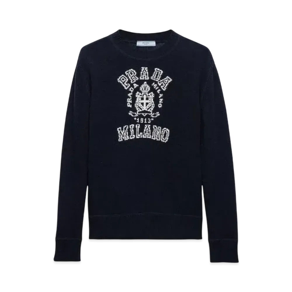 PRADA Women's Wool and Cashmere Intarsia Sweater "Navy/White"