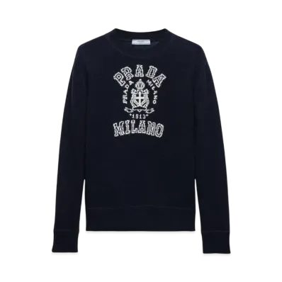 PRADA Women's Wool and Cashmere Intarsia Sweater "Navy/White"