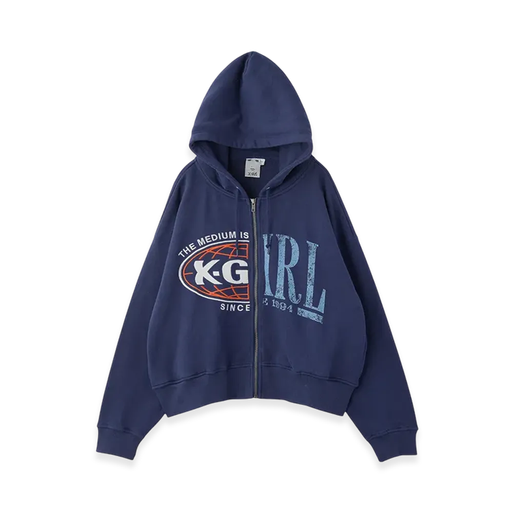 X-Girl Paneled Graphic Zip Up Sweat Hoodie "Navy"