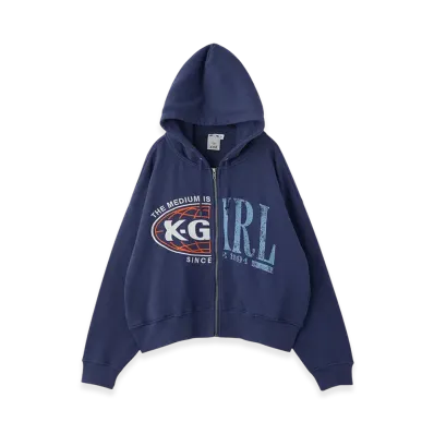 X-Girl Paneled Graphic Zip Up Sweat Hoodie "Navy"