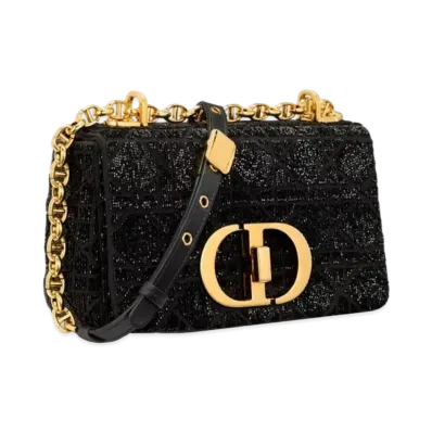 Dior Small Caro Bag Cannage Cotton Micropearl Embroidery "Black"