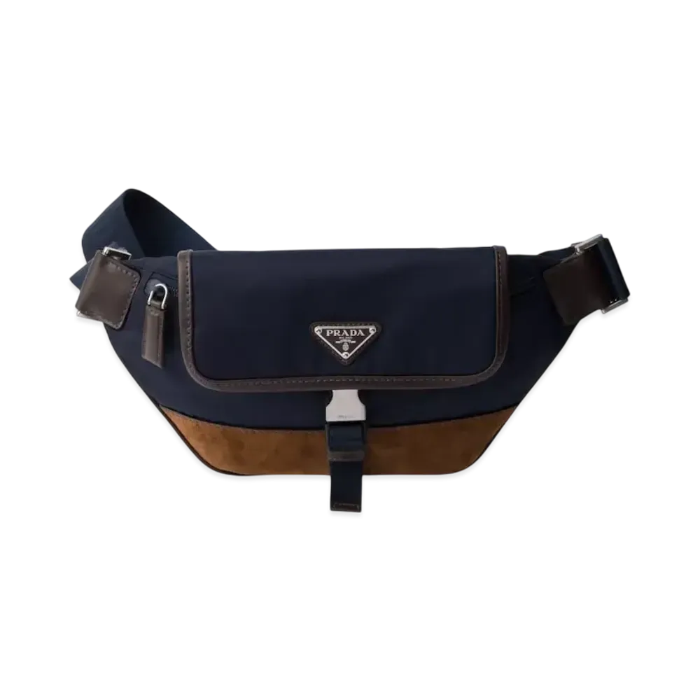 PRADA Re-Nylon and Leather Shoulder Bag "Navy/Dark Brown"