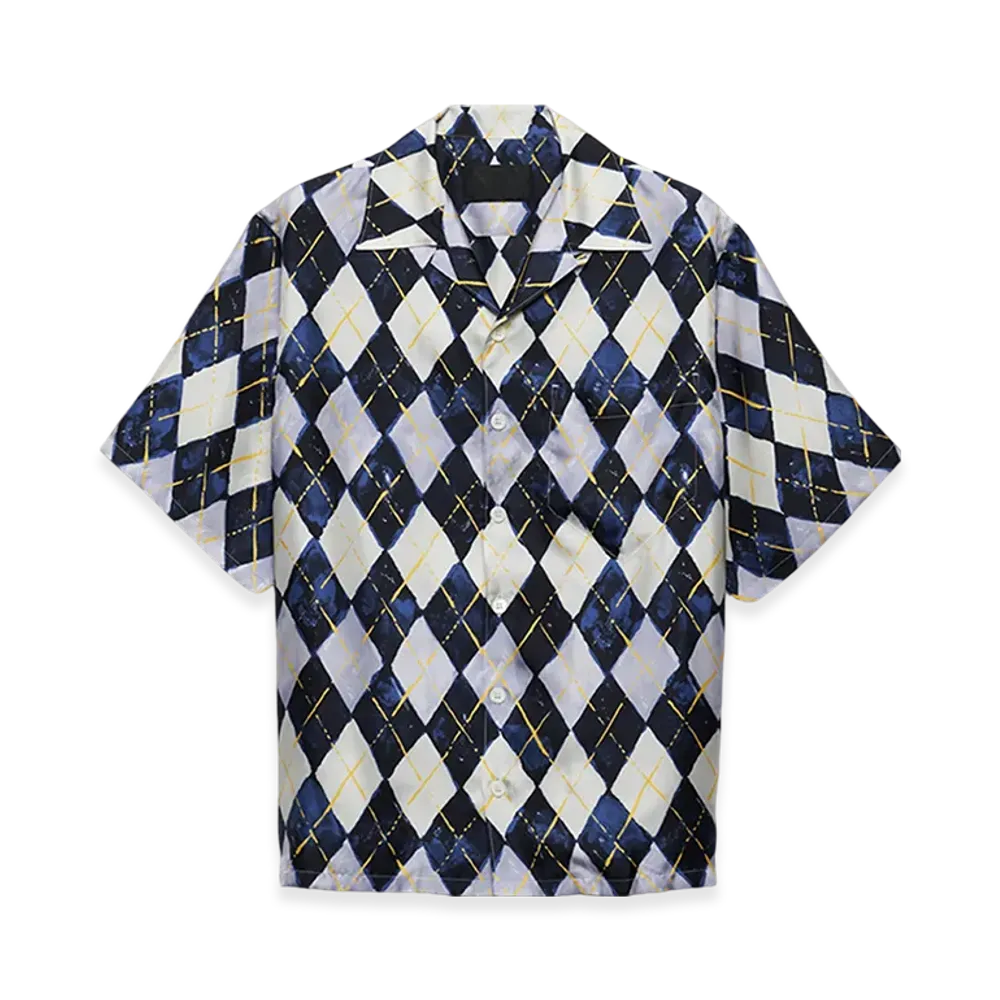 PRADA Short-Sleeved Argyle-Pattern Silk Twill Shirt "Navy"