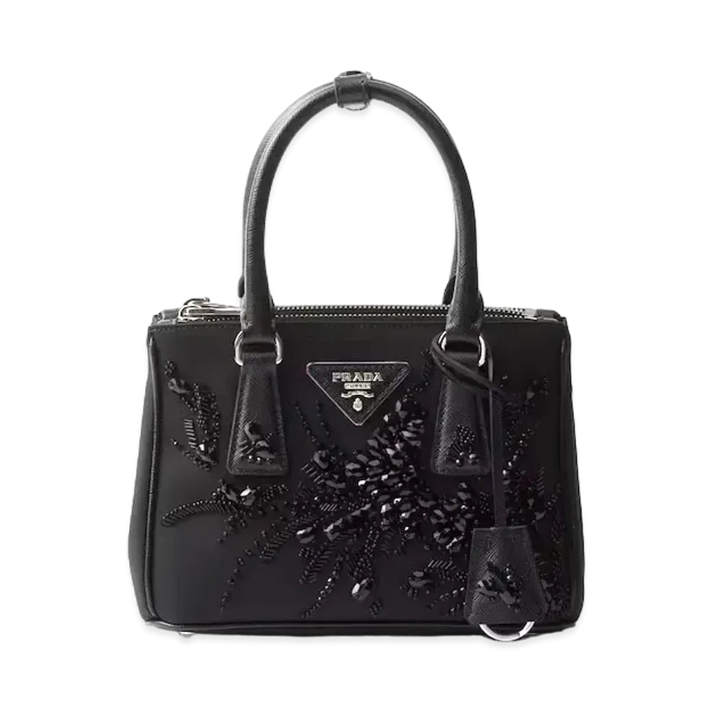 PRADA Galleria Embroidered Re-Nylon and Saffiano Mini-Bag "Black"