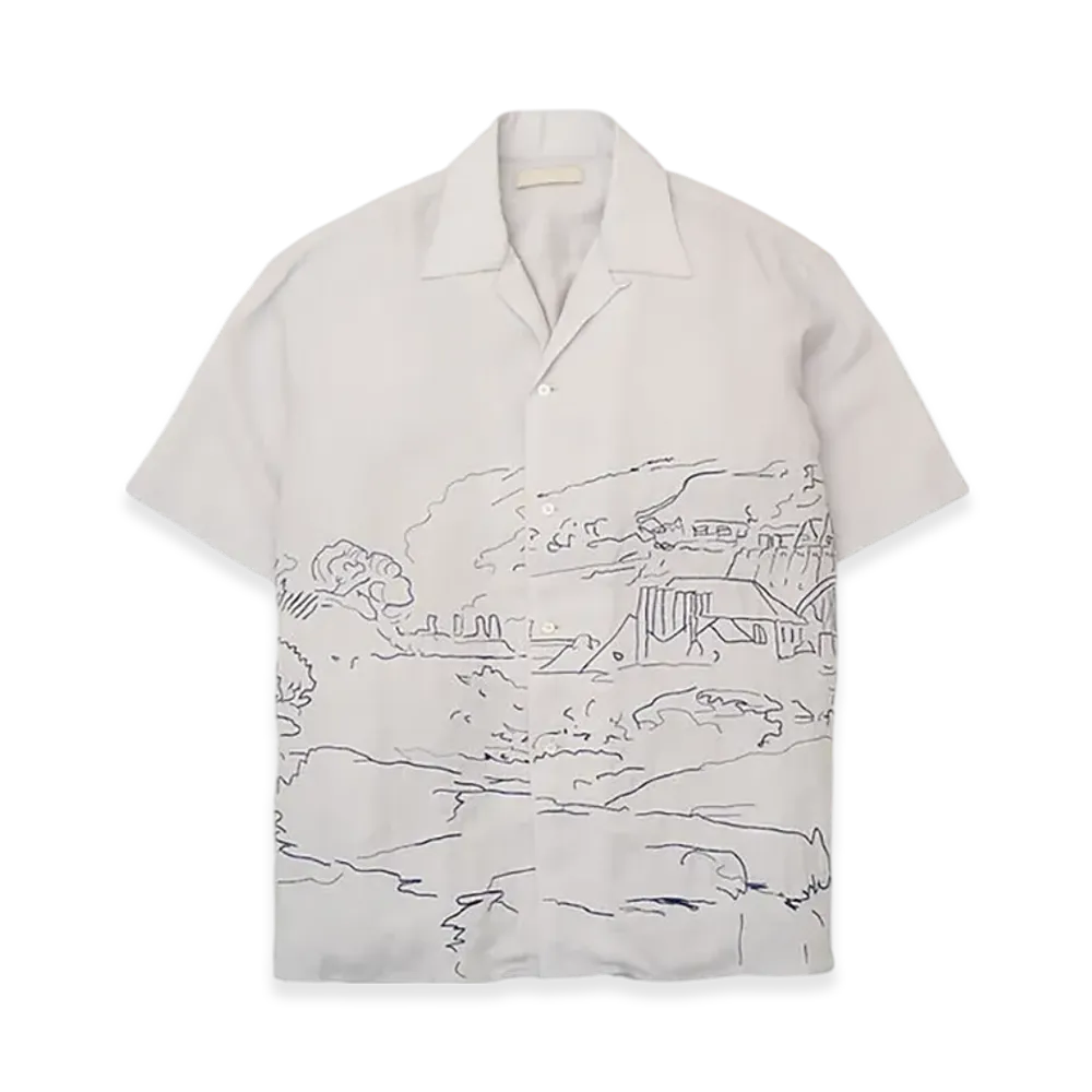 YOKE Ramie Natural Lawn Embroidery Open Collar Shirt "Gray"