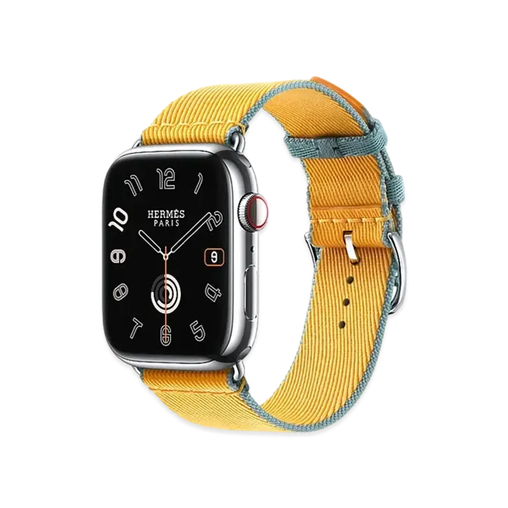 Apple Watch x Hermes Series 9 (GPS + Cellular Model) Stainless 41mm and Single Tour Twill Jump "Jaune D'or/Bleu Jean"