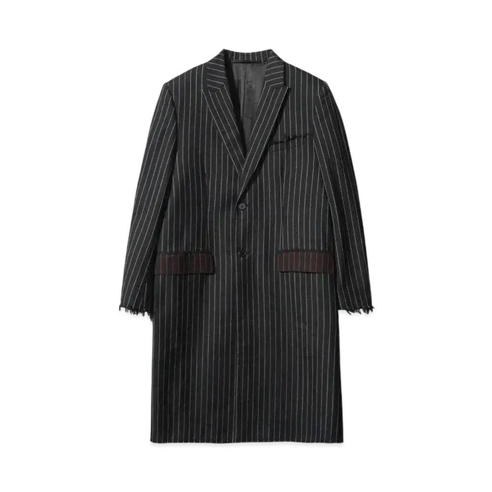 GIVENCHY Pinstripe Pattern Distressed Fringe Chester Coat "BLACK"