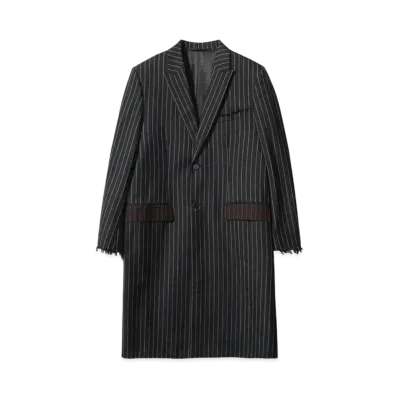 GIVENCHY Pinstripe Pattern Distressed Fringe Chester Coat "BLACK"