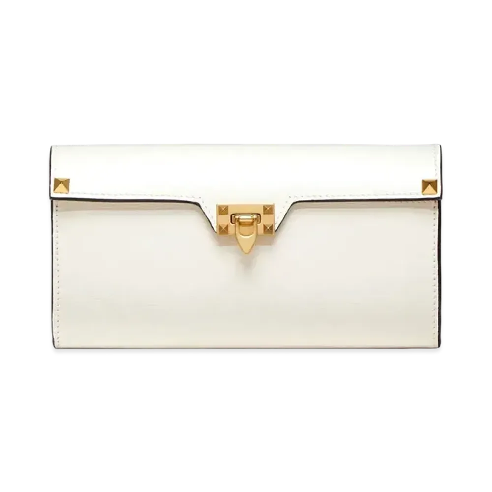 Valentino Rockstud Alcove Wallet In Grainy Calfskin Leather "Light Ivory"
