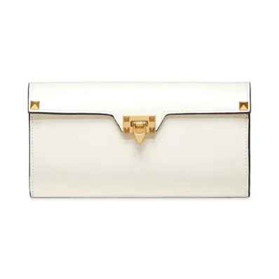 Valentino Rockstud Alcove Wallet In Grainy Calfskin Leather "Light Ivory"