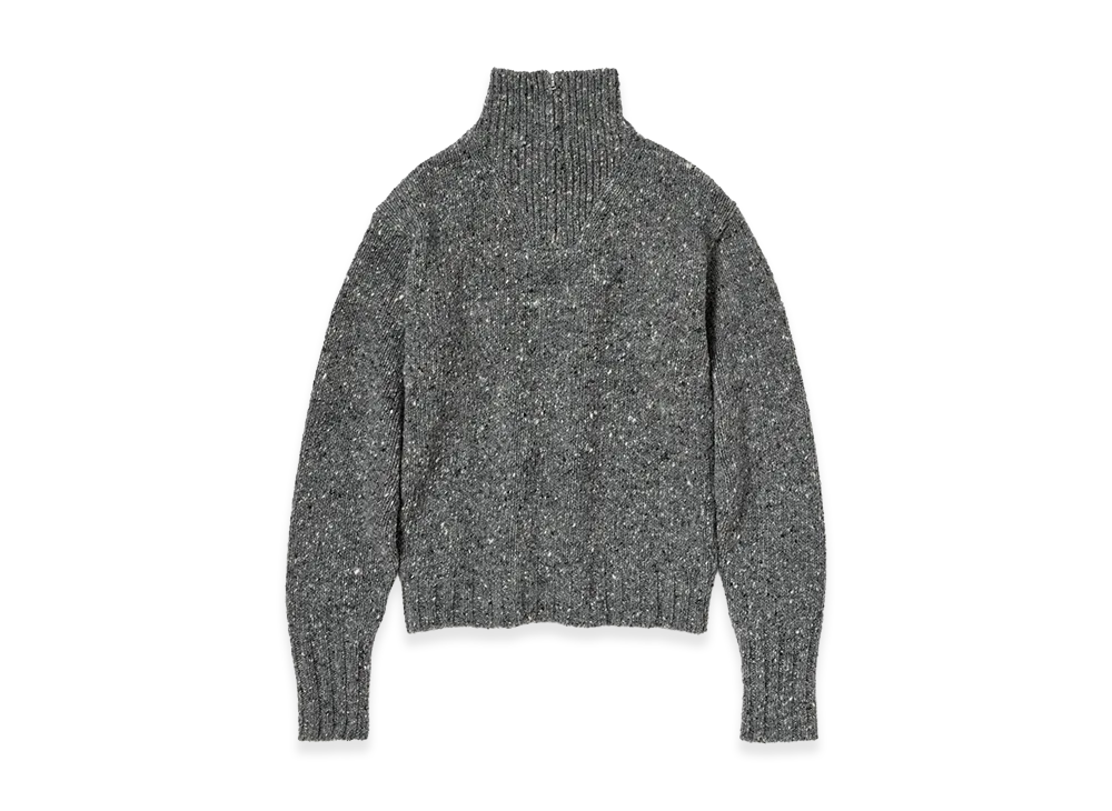 AURALEE Low-Gauge Homespun Tweed Knit Zip Turtle "Top Charcoal"