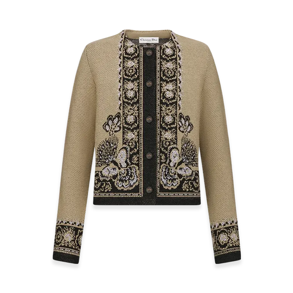Dior Women's Cardigan Virgin Wool Cotton Jacquard Butterfly Bandana Motif "Beige/Black"