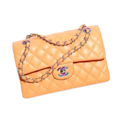 CHANEL Small Classic Handbag Shiny Grained Calfskin & Rainbow Metal "Orange"