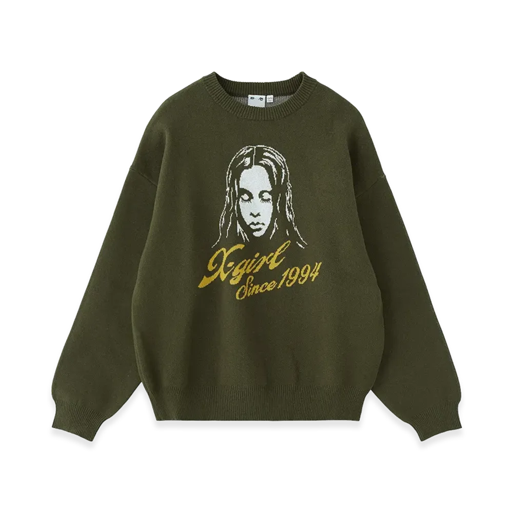 X-Girl Women's Cursive Logo And Face Jacquard Knit Top "Olive"