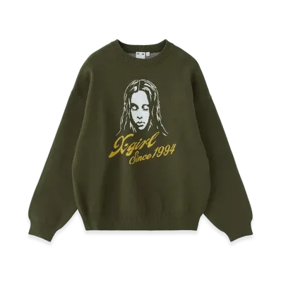 X-Girl Women's Cursive Logo And Face Jacquard Knit Top "Olive"