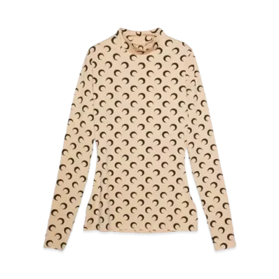 Marine serre MOON PRINTED JERSEY SECOND SKIN HIGHNECK TOP (24AW) "TAN"