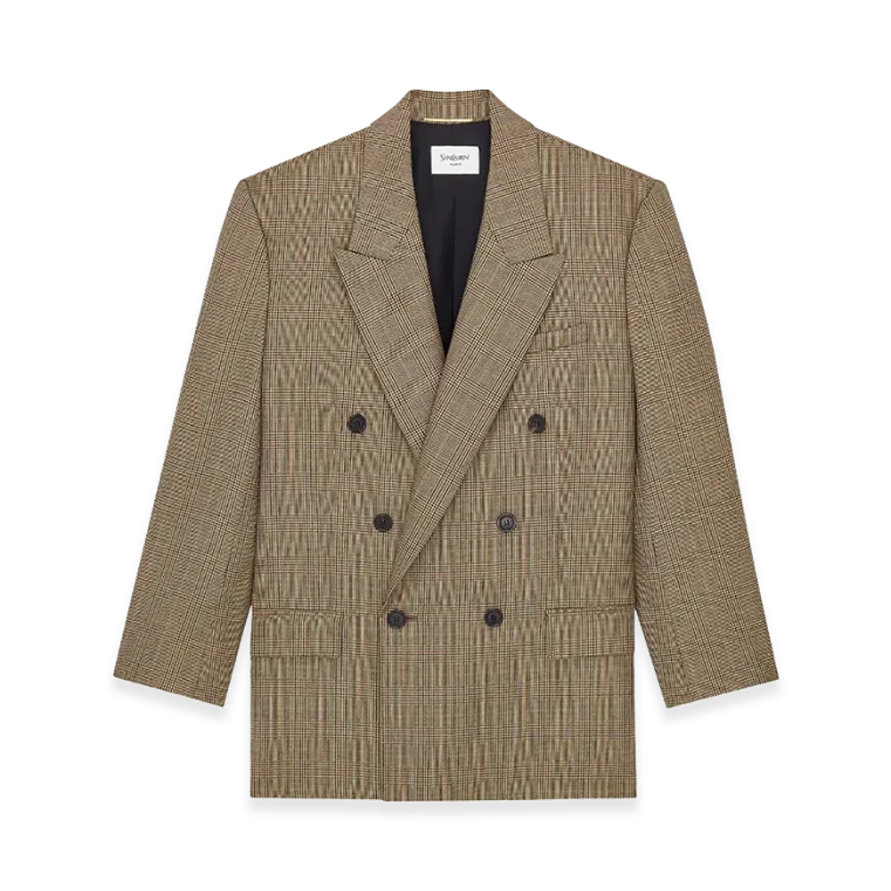 Saint Laurent Women's Double-Breasted Jacket In Prince Of Wales Puppytooth Wool "Beige"