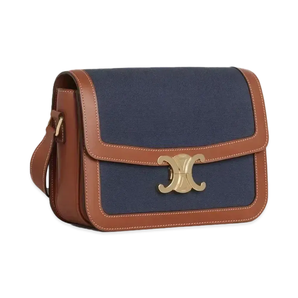 CELINE Medium Triomphe Bag in Raffia and Calfskin "Navy/Tan"