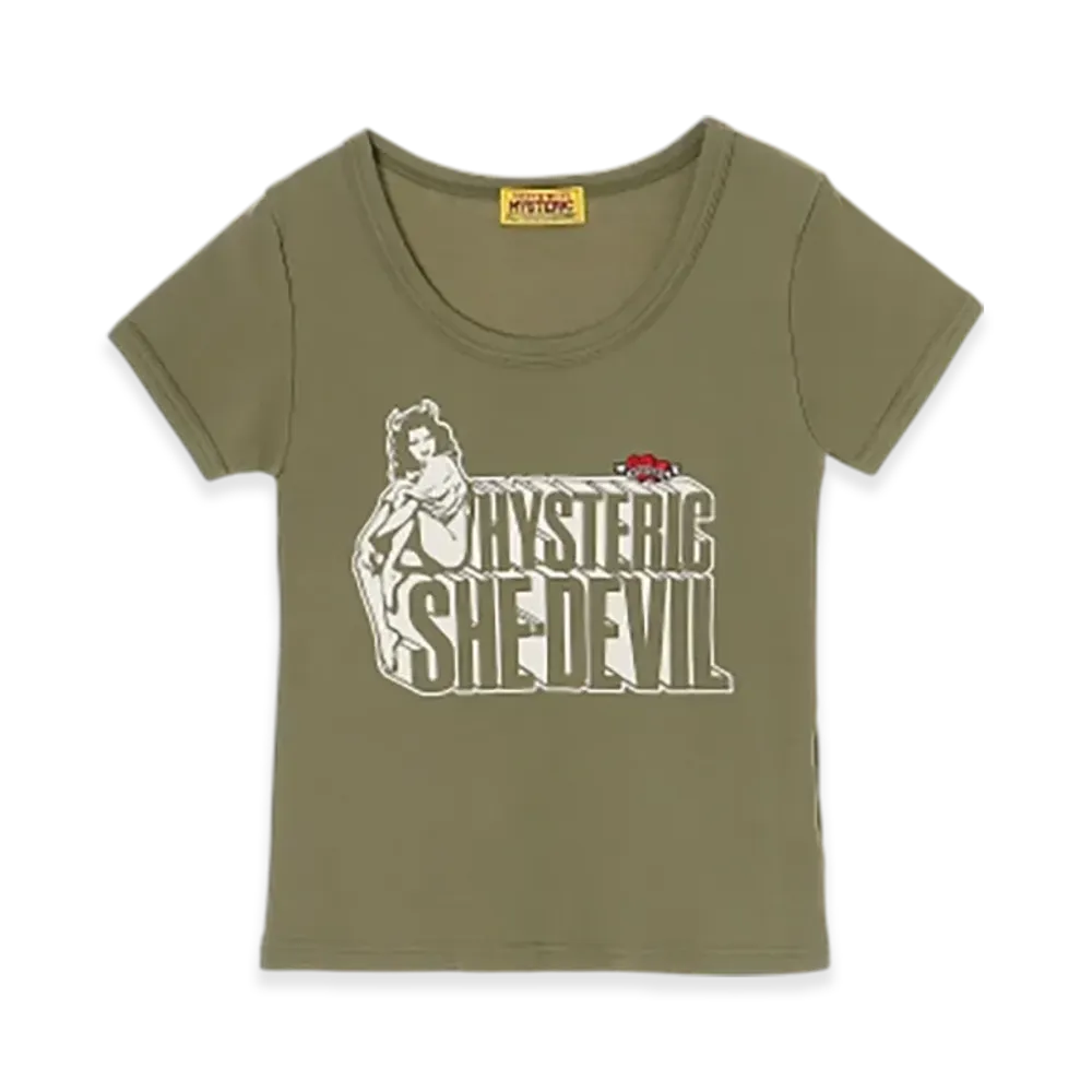 HYSTERIC GLAMOUR She Devil Heart Embroidered Mini T-Shirt "Khaki"
